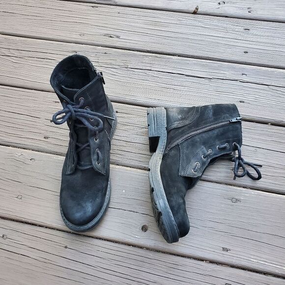 Bueno Getty Black Nubuck Suede Leather Lace-up Chunky Combat Military Moto Boots - Picture 2 of 9